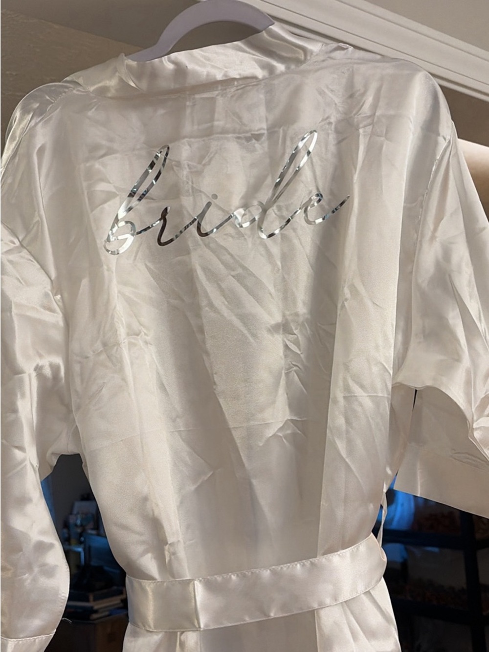 Satin 'Bride' Robe in Ivory with Silver Script